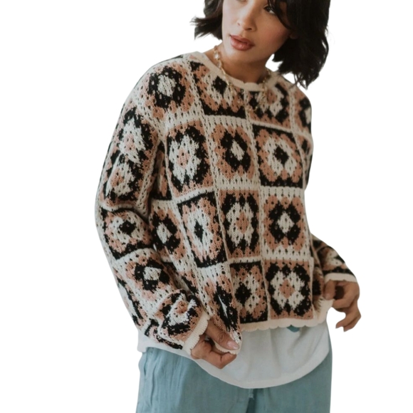 Davis & Dani Sweaters - Davis & Dani Womens 1XL Tan Black Cream Geometric Open Knit Sweater